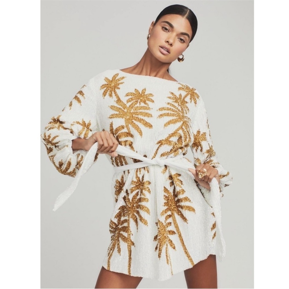 Retrofete NWT XS / S Grace Sequin Mini Dress in White & Gold Palm Trees